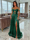 Metallic Satin A-Line Spaghetti Straps Pleated Evening Dresses with Slit
