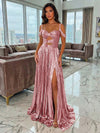 Metallic Satin A-Line Spaghetti Straps Pleated Evening Dresses with Slit