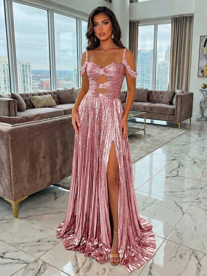 Metallic Satin A-Line Spaghetti Straps Pleated Evening Dresses with Slit