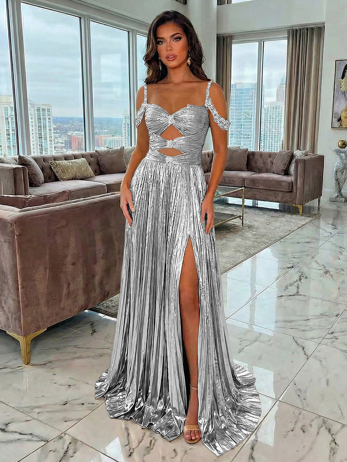 Metallic Satin A-Line Spaghetti Straps Pleated Evening Dresses with Slit
