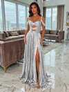 Metallic Satin A-Line Spaghetti Straps Pleated Evening Dresses with Slit