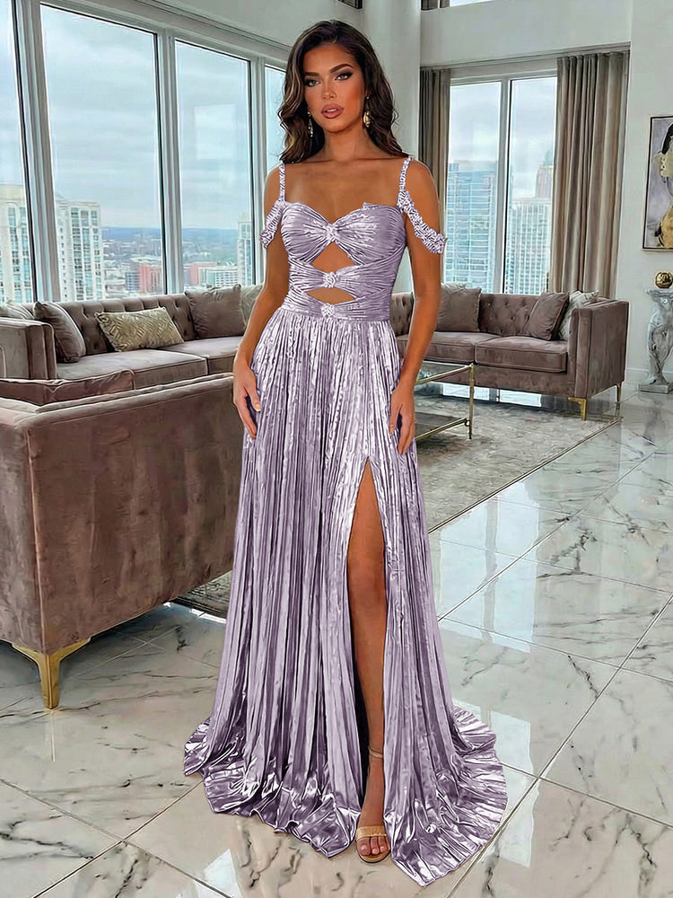 Metallic Satin A-Line Spaghetti Straps Pleated Evening Dresses with Slit