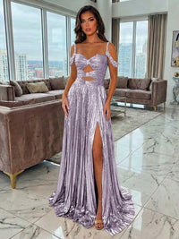 Metallic Satin A-Line Spaghetti Straps Pleated Evening Dresses with Slit