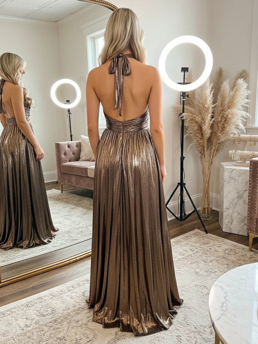 Metallic Satin A-Line Halter Pleated Formal Dresses