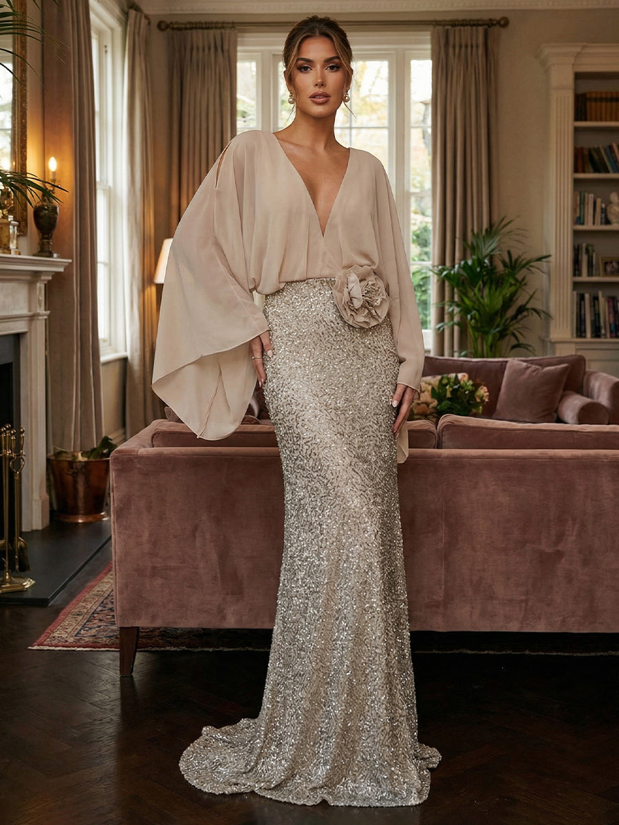 V-Neck Chiffon Sequin Formal Dresses with 3D Flower