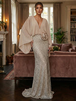 V-Neck Chiffon Sequin Evening Dresses with Flutter Sleeves