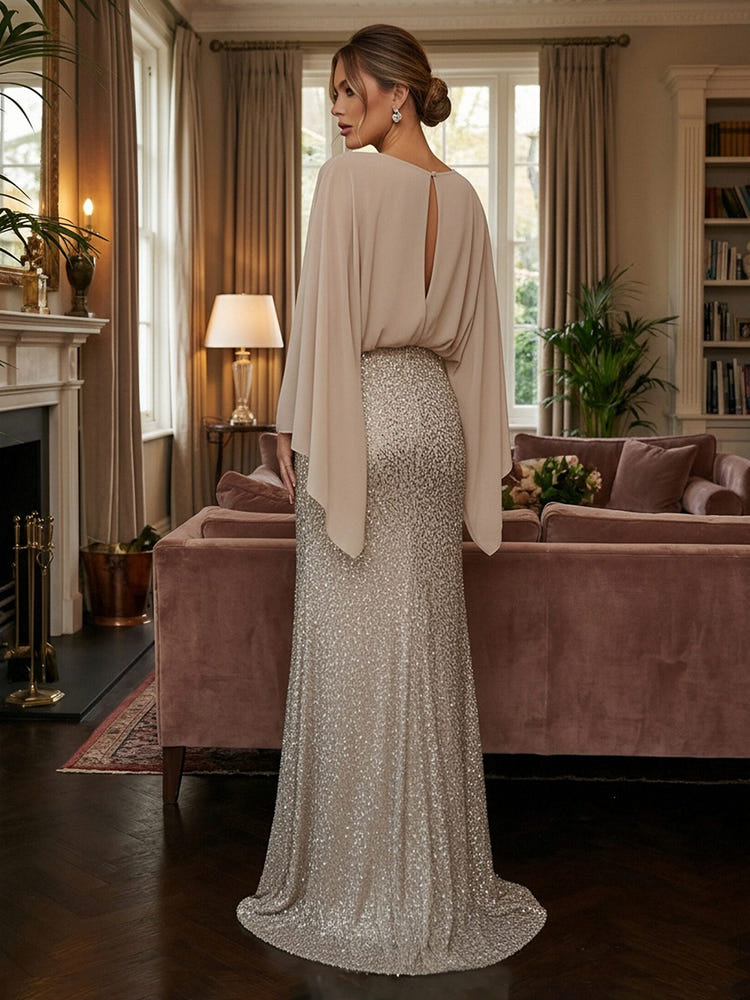 V-Neck Chiffon Sequin Evening Dresses with Flutter Sleeves