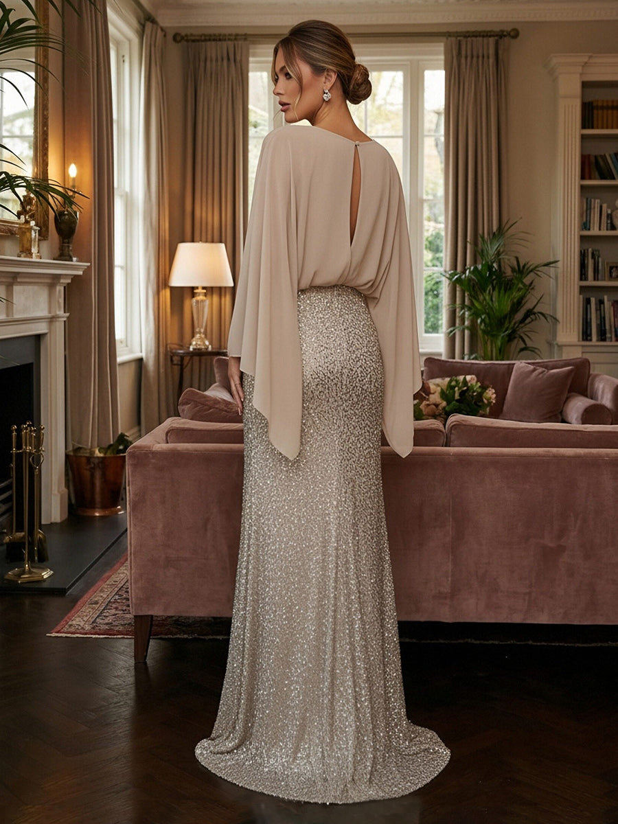 V-Neck Chiffon Sequin Formal Dresses with 3D Flower