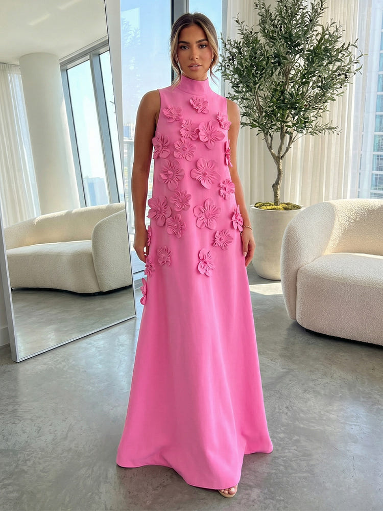 3D Flowers Formal Evening Dresses Black Satin High-Neck A-Line Floor-Length Elegant Evening Wedding Guest Dresses