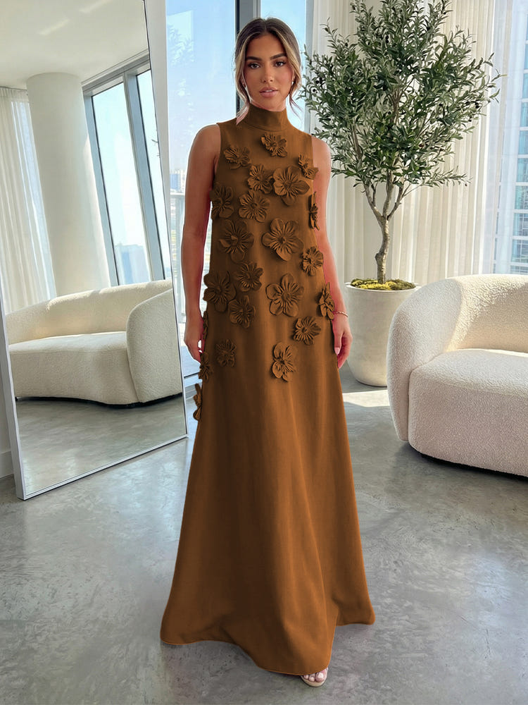 High-Neck A-Line Formal Dresses with 3D Flowers
