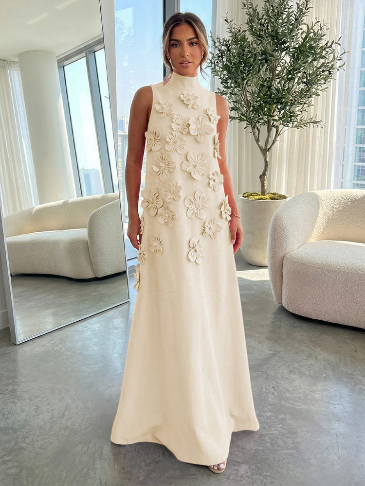 3D Flowers Formal Evening Dresses Dusty Rose Satin High-Neck A-Line Floor-Length Elegant Evening Wedding Guest Dresses