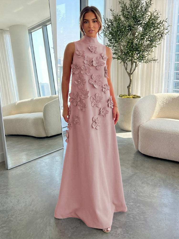 3D Flowers Formal Evening Dresses Dusty Rose Satin High-Neck A-Line Floor-Length Elegant Evening Wedding Guest Dresses