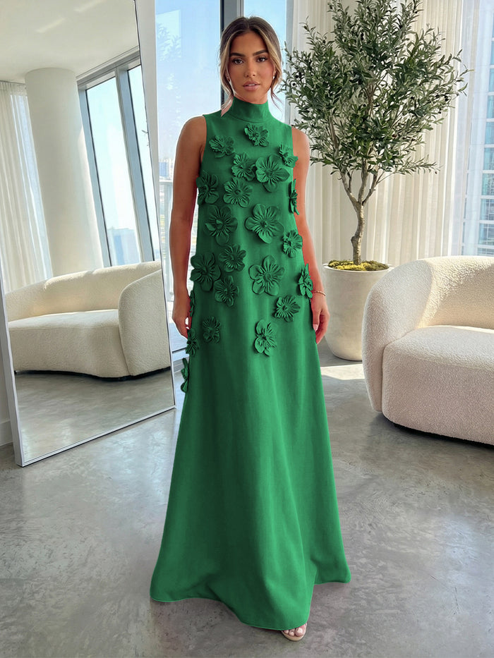 High-Neck A-Line Formal Tent/ Trapeze Dresses with 3D Flowers