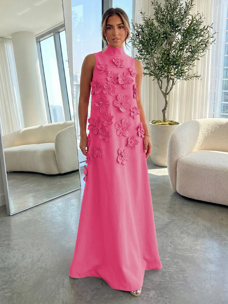 3D Flowers Formal Evening Dresses Black Satin High-Neck A-Line Floor-Length Elegant Evening Wedding Guest Dresses