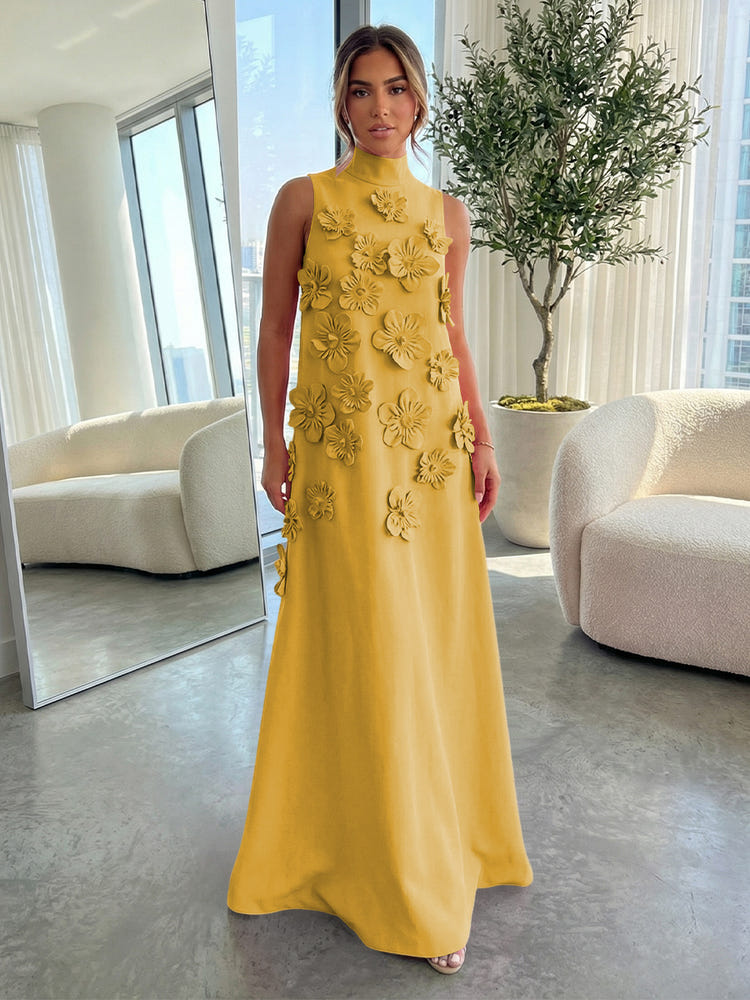 2026 Formal Evening Dresses with 3D Flowers Mustard Yellow Satin High-Neck A-Line Floor-Length Evening Wedding Guest Dresses