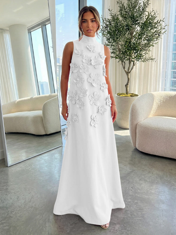 High-Neck A-Line Formal Dresses with 3D Flowers