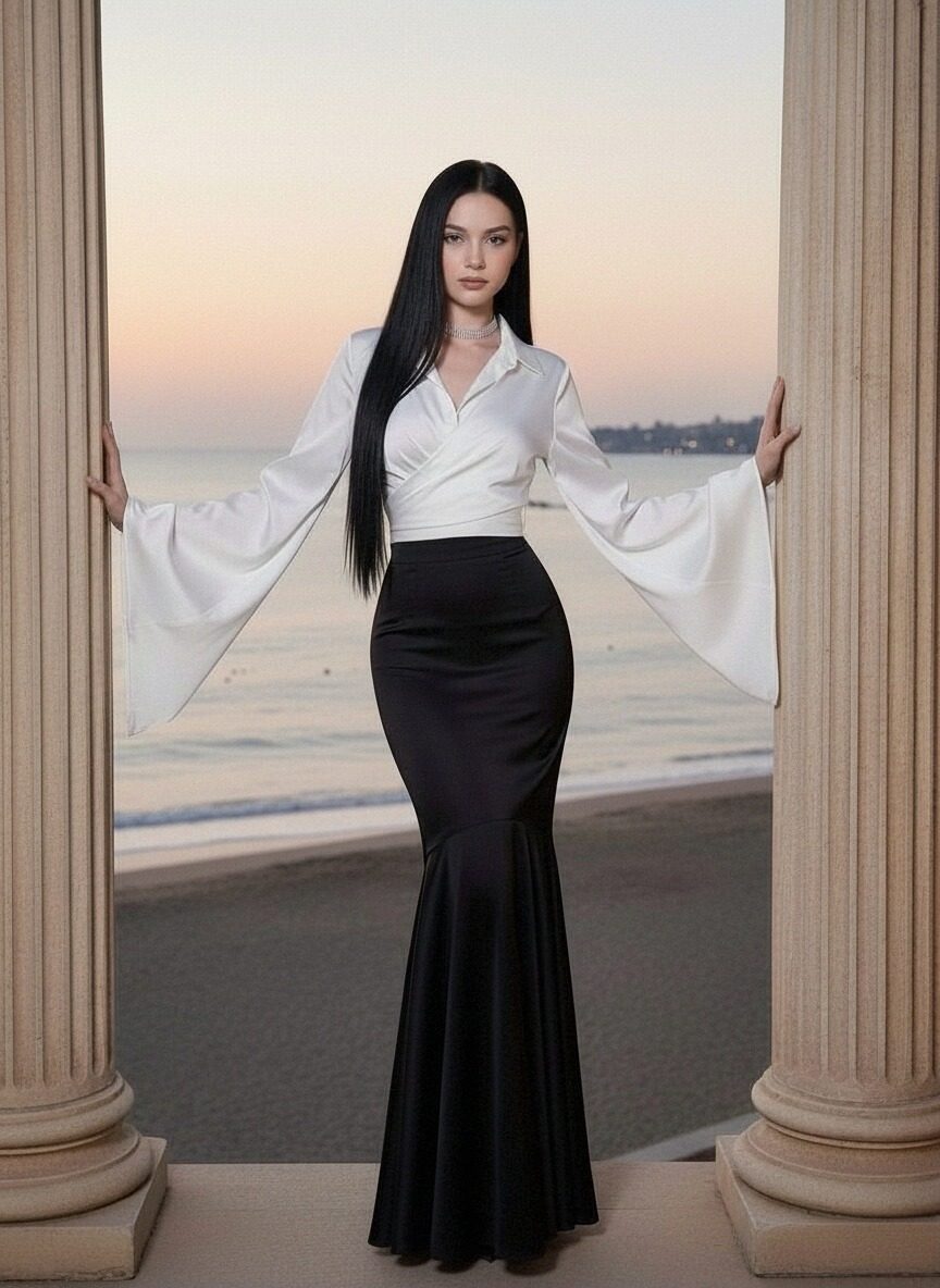 Long Sleeves Satin Mermaid V-Neck Formal Dresses