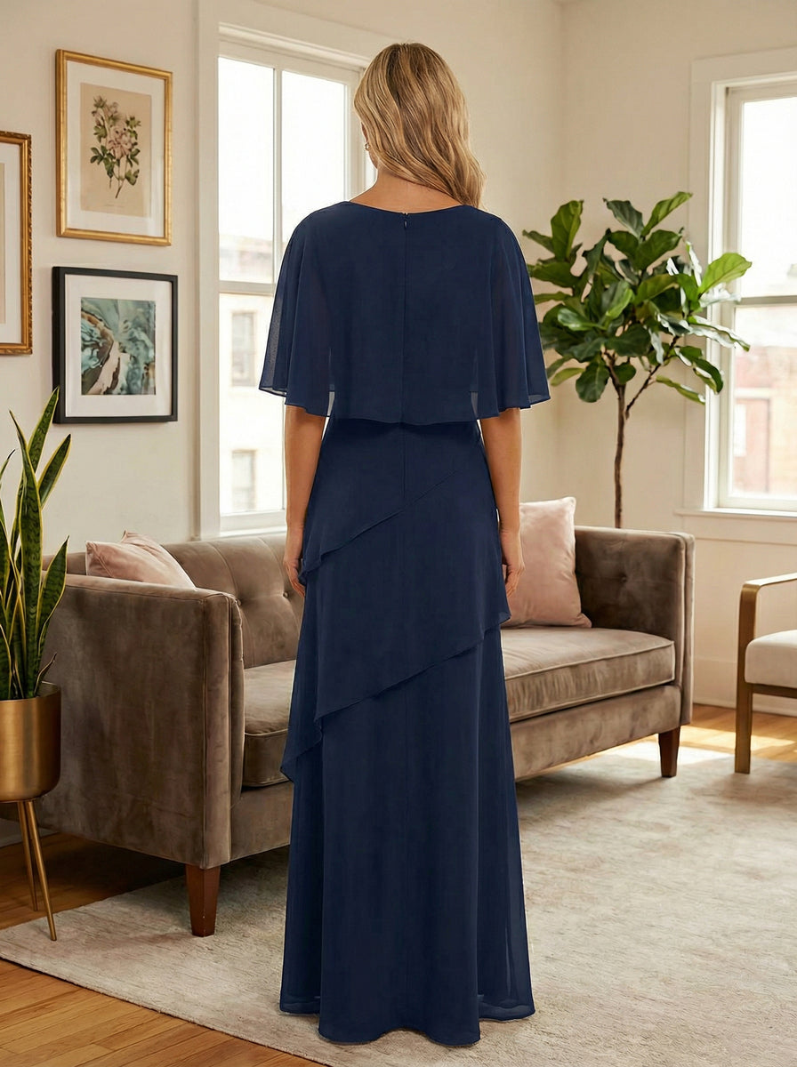 Round-Neck Tiered Chiffon Mermaid Formal Dresses with Wrap