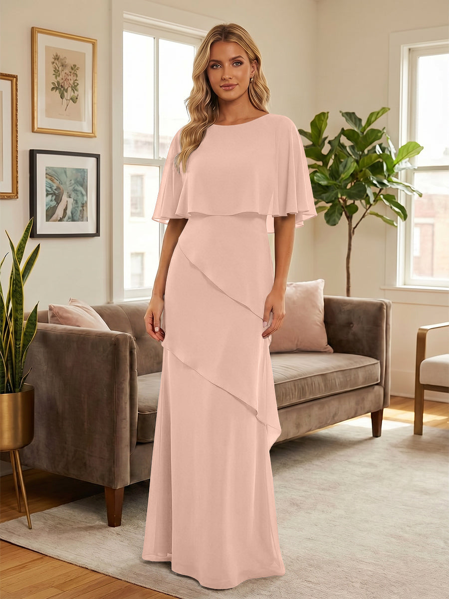 Round-Neck Tiered Chiffon Mermaid Formal Dresses with Wrap