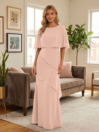 Round-Neck Tiered Chiffon Mermaid Formal Dresses with Wrap