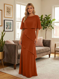 Round-Neck Tiered Chiffon Mermaid Formal Dresses with Wrap