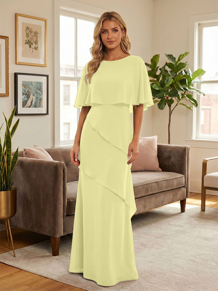 Round-Neck Tiered Chiffon Mermaid Formal Dresses with Wrap
