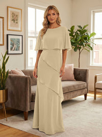 Round-Neck Tiered Chiffon Mermaid Formal Dresses with Wrap