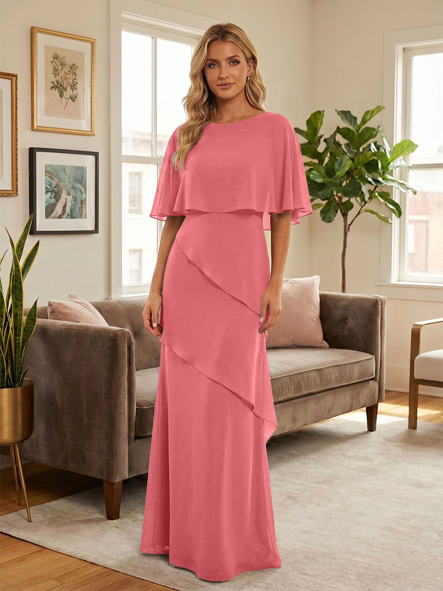 Round-Neck Tiered Chiffon Mermaid Formal Dresses with Wrap