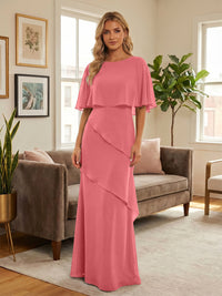 Round-Neck Tiered Chiffon Mermaid Formal Dresses with Wrap