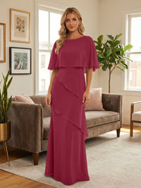 Round-Neck Tiered Chiffon Mermaid Formal Dresses with Wrap