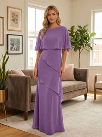 Round-Neck Tiered Chiffon Mermaid Formal Dresses with Wrap