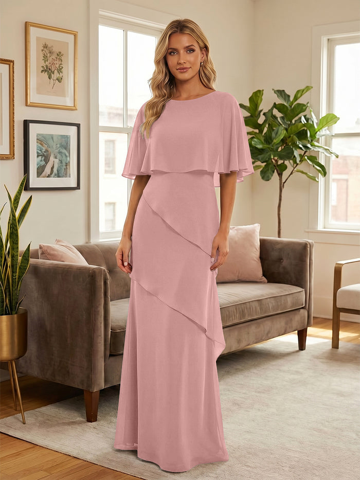 Round-Neck Tiered Chiffon Mermaid Formal Dresses with Wrap