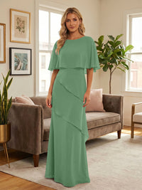 Round-Neck Tiered Chiffon Mermaid Formal Dresses with Wrap