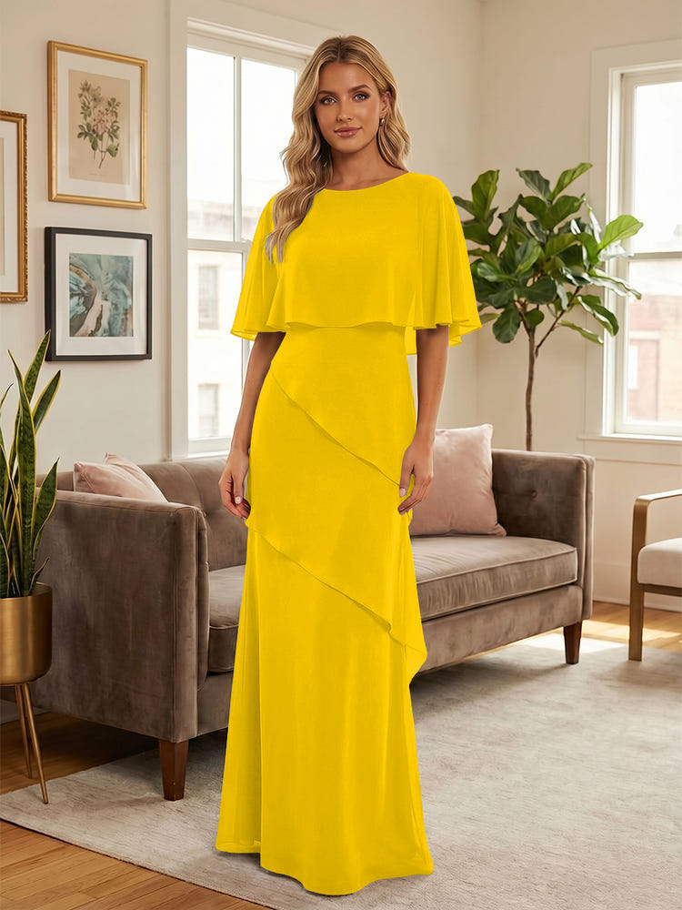 Round-Neck Tiered Chiffon Mermaid Formal Dresses with Wrap