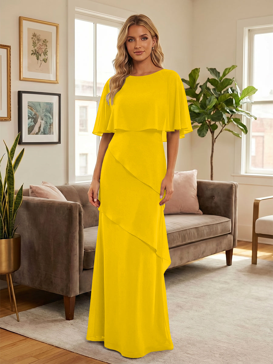 Round-Neck Tiered Chiffon Mermaid Formal Dresses with Wrap