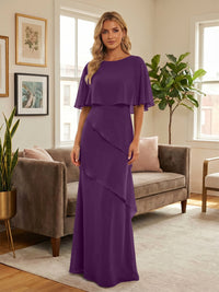Round-Neck Tiered Chiffon Mermaid Formal Dresses with Wrap