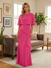 Round-Neck Tiered Chiffon Mermaid Formal Dresses with Wrap