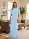 Round-Neck Tiered Chiffon Mermaid Formal Dresses with Wrap