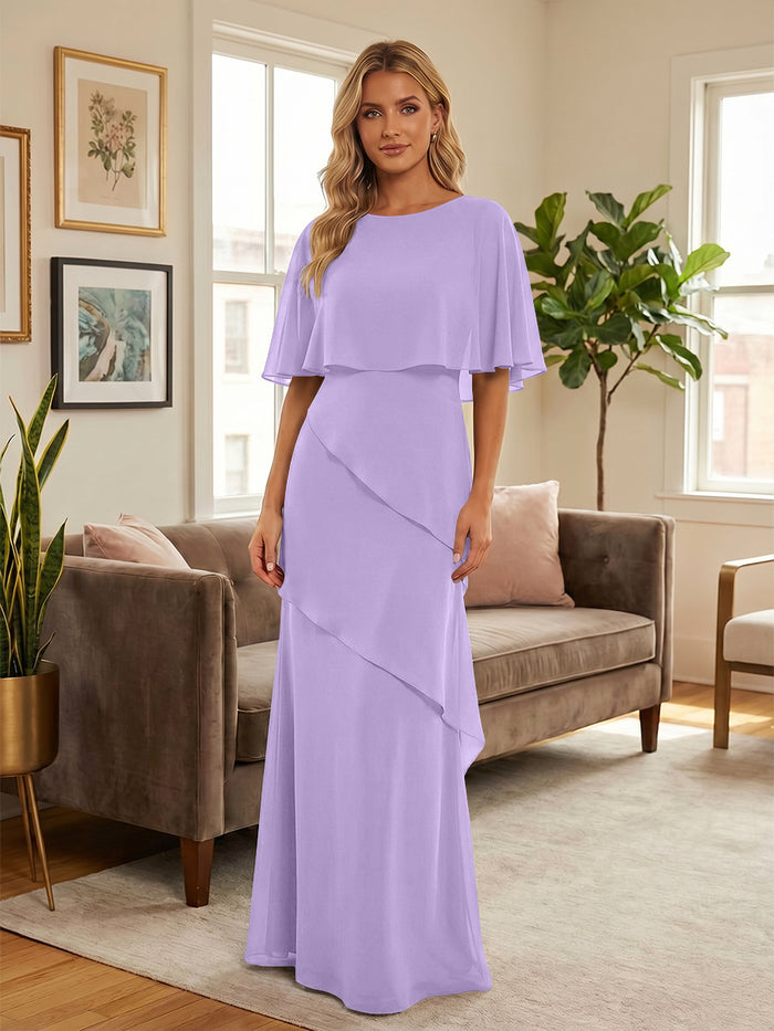 Round-Neck Tiered Chiffon Mermaid Formal Dresses with Wrap
