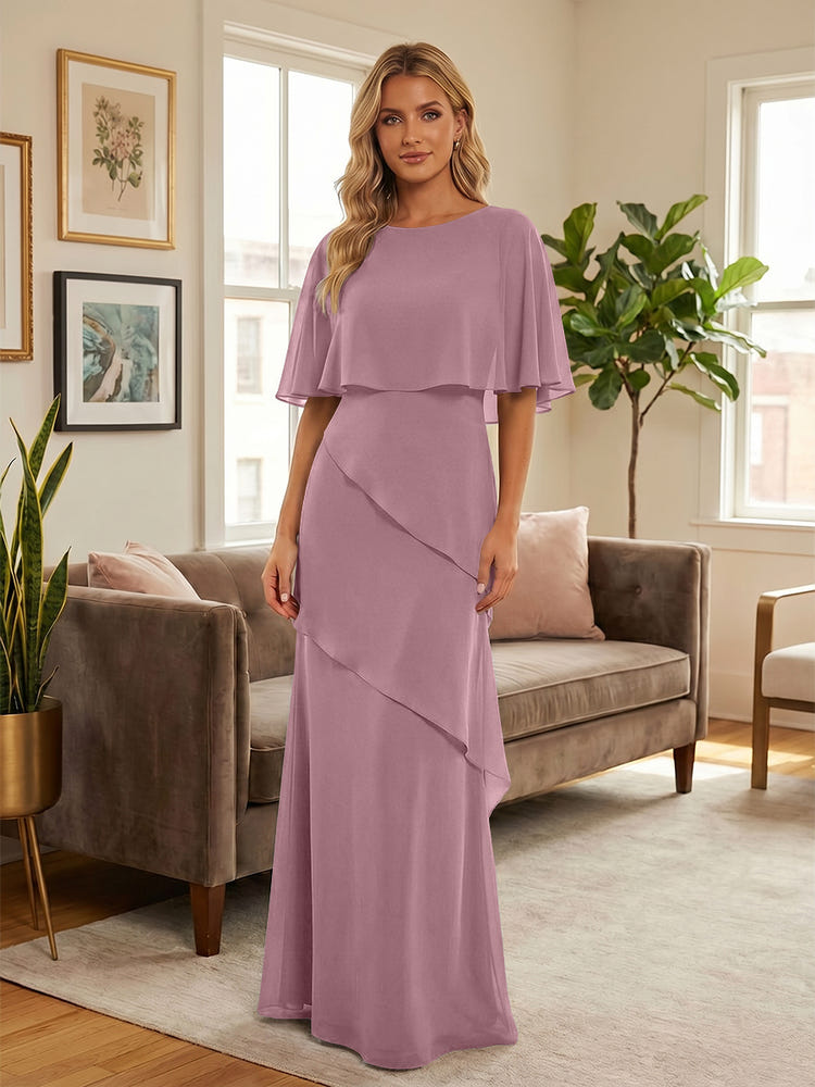 Round-Neck Tiered Chiffon Mermaid Formal Dresses with Wrap