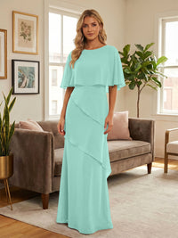 Round-Neck Tiered Chiffon Mermaid Formal Dresses with Wrap