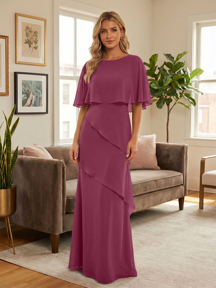 Round-Neck Tiered Chiffon Mermaid Formal Dresses with Wrap