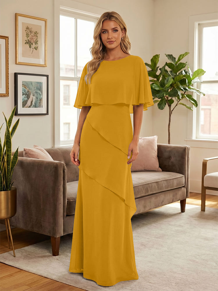 Round-Neck Tiered Chiffon Mermaid Formal Dresses with Wrap