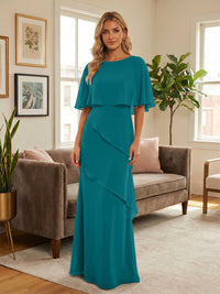 Round-Neck Tiered Chiffon Mermaid Formal Dresses with Wrap