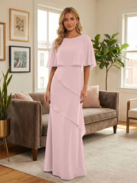 Round-Neck Tiered Chiffon Mermaid Formal Dresses with Wrap
