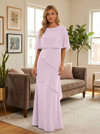 Round-Neck Tiered Chiffon Mermaid Formal Dresses with Wrap