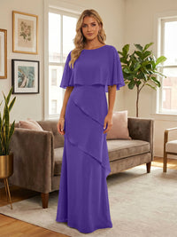 Round-Neck Tiered Chiffon Mermaid Formal Dresses with Wrap