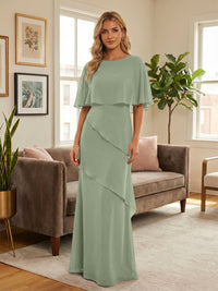 Round-Neck Tiered Chiffon Mermaid Formal Dresses with Wrap