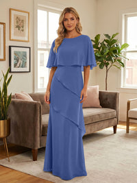 Round-Neck Tiered Chiffon Mermaid Formal Dresses with Wrap