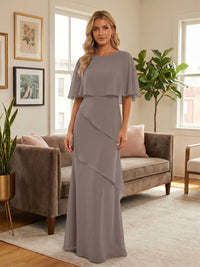 Round-Neck Tiered Chiffon Mermaid Formal Dresses with Wrap